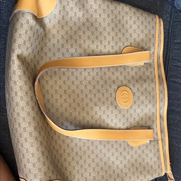 Gucci Handbags - Gucci Beige Tan Monogram Tote with Yellow-Tan Leather Trim